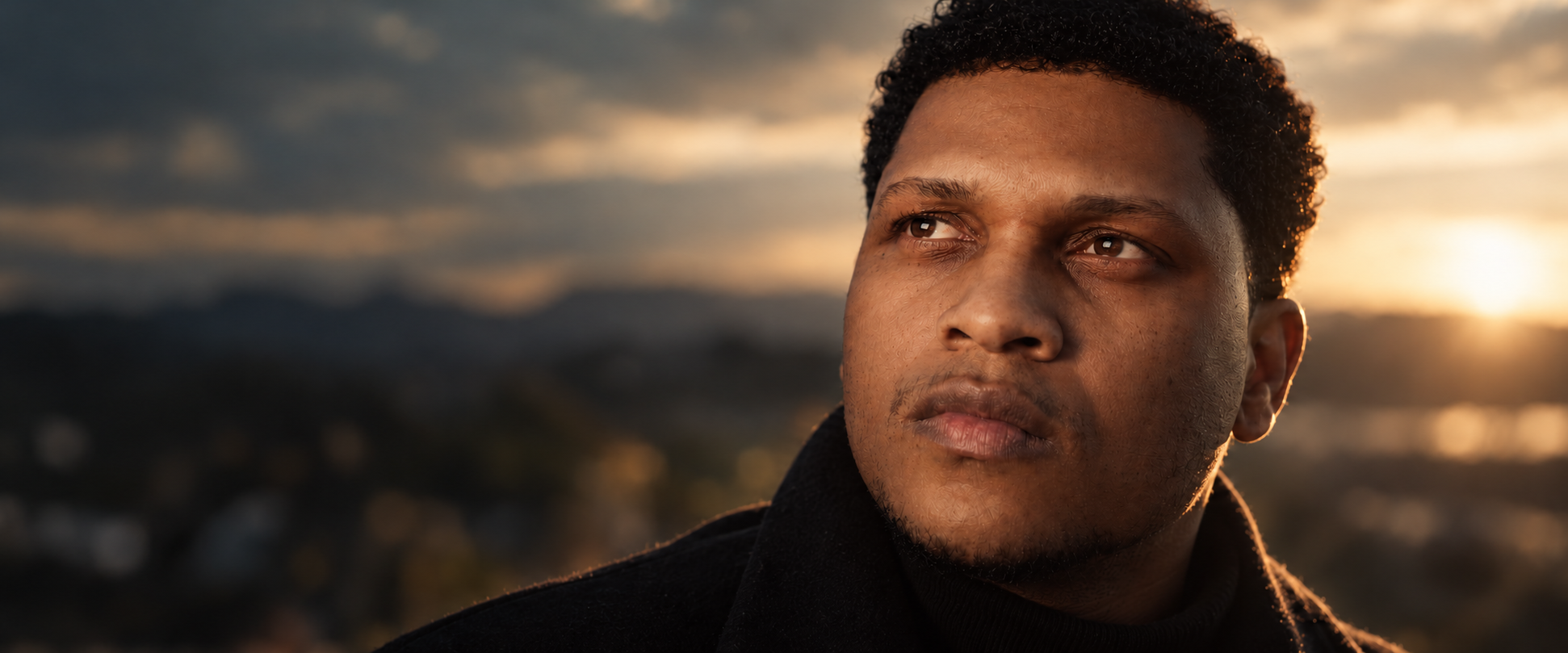 Close-up portrait of Jesse Scotsman looking toward the evening light