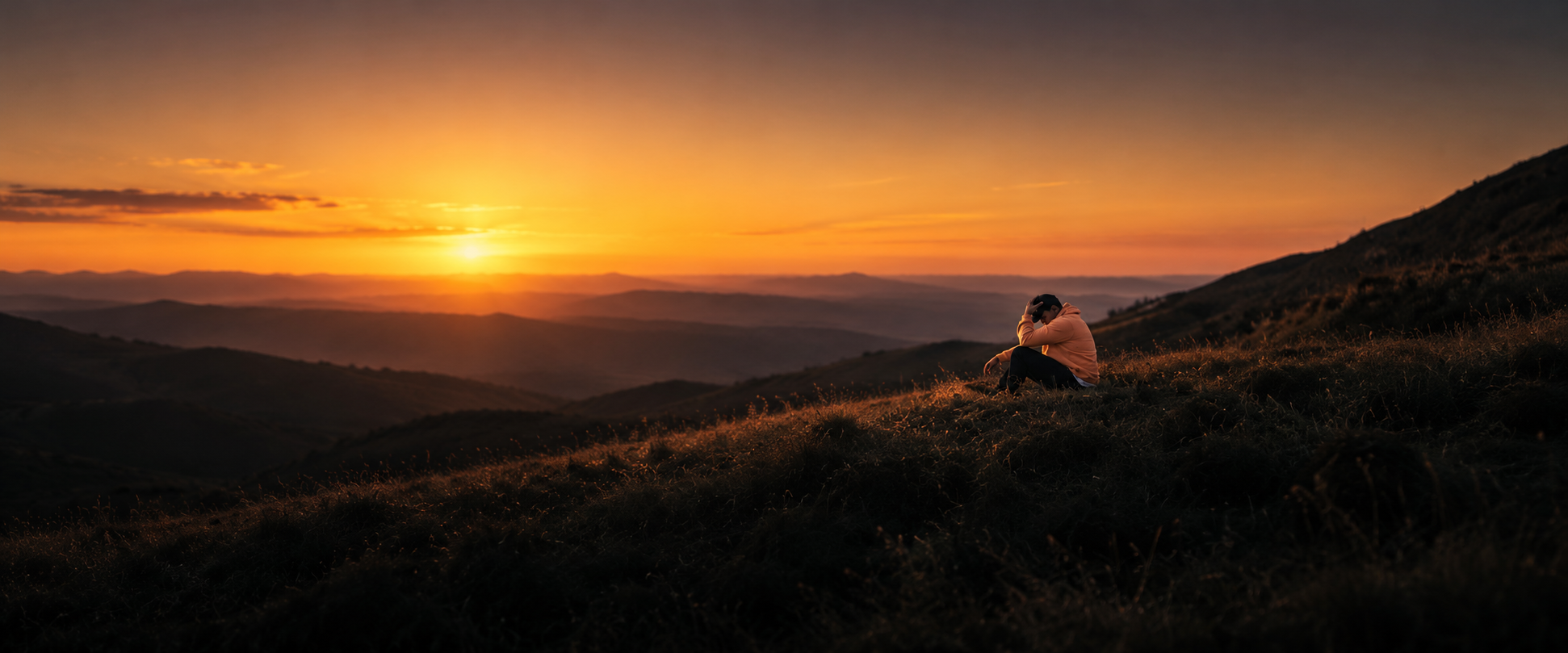 Jesse sitting as a small figure in a wide sunset landscape